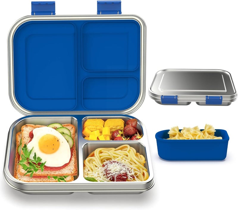 BABHAMNESS Stainless Steel Bento Box Kids, 3 Compartments Leak Proof Metal Bento Lunch Box, 304 Stainless Steel Bento Lunch Containers for School and Office,Dishwasher Safe, BPA-Free-Blue - Image 1